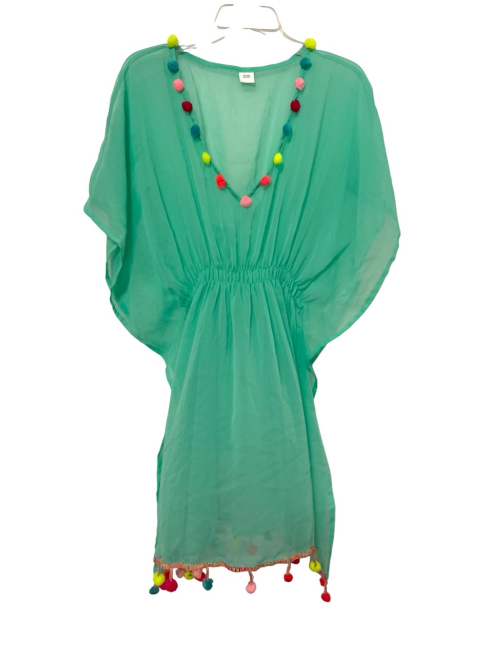 Cover-Up Kaftan Pom-Pom Trim One Size Sheer
